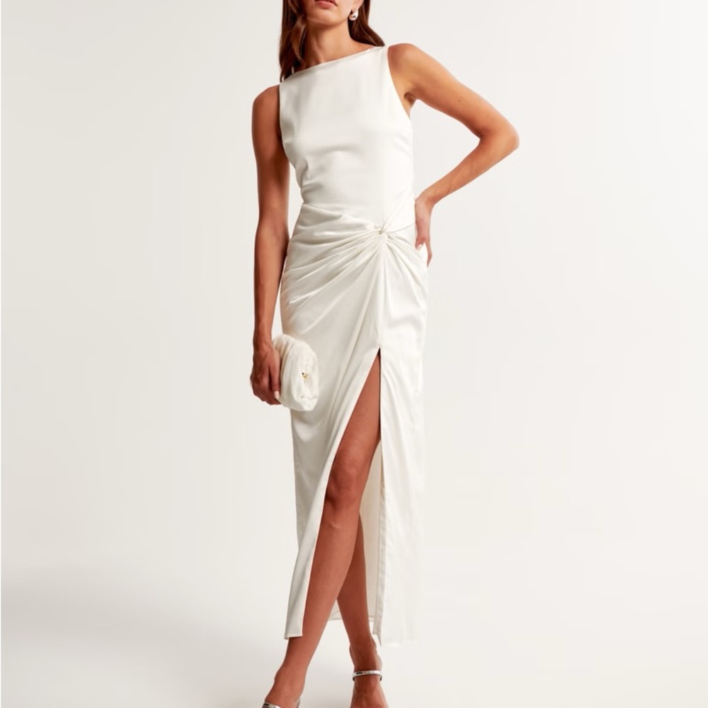 Abercrombie & Fitch White Ruched Sheath Maxi Dress